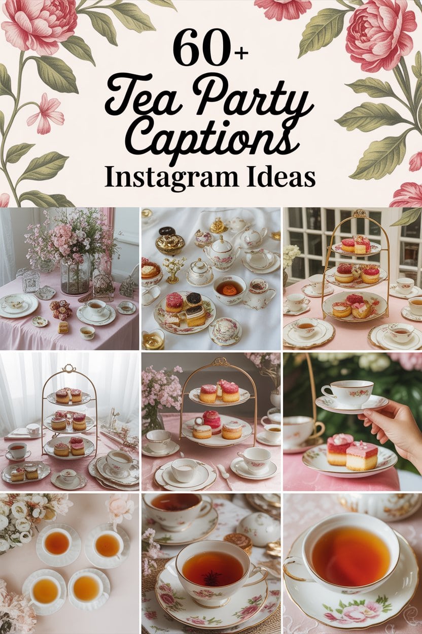Tea Party Captions Instagram ideas - merge 5-6 related images and add text above it 60+ Tea Party Captions Instagram Ideas
