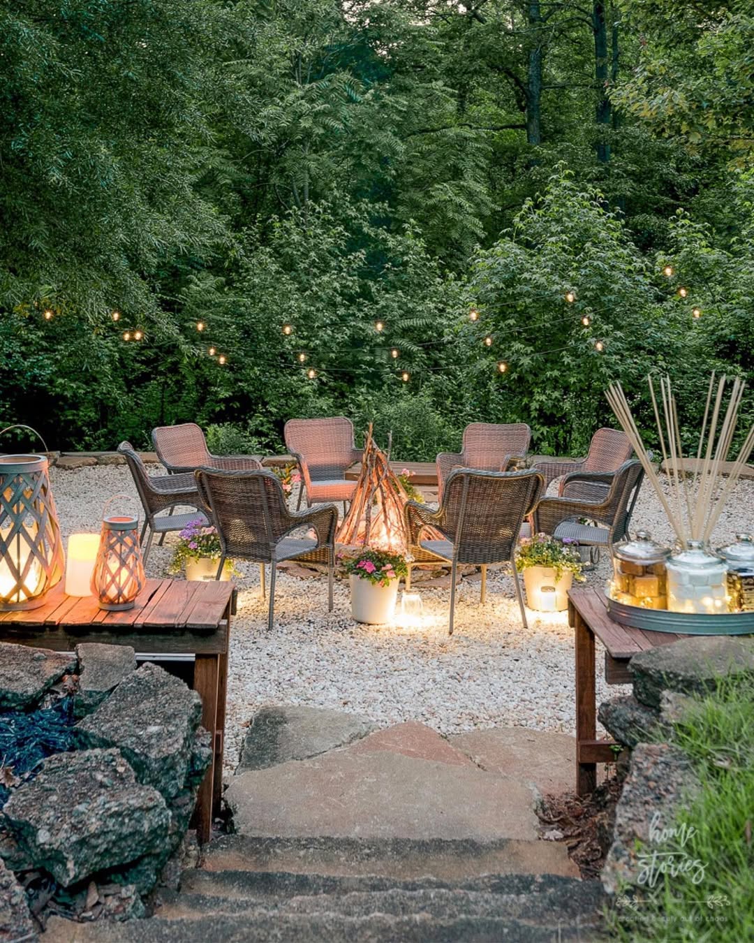 Hanging string lights around fire pit area