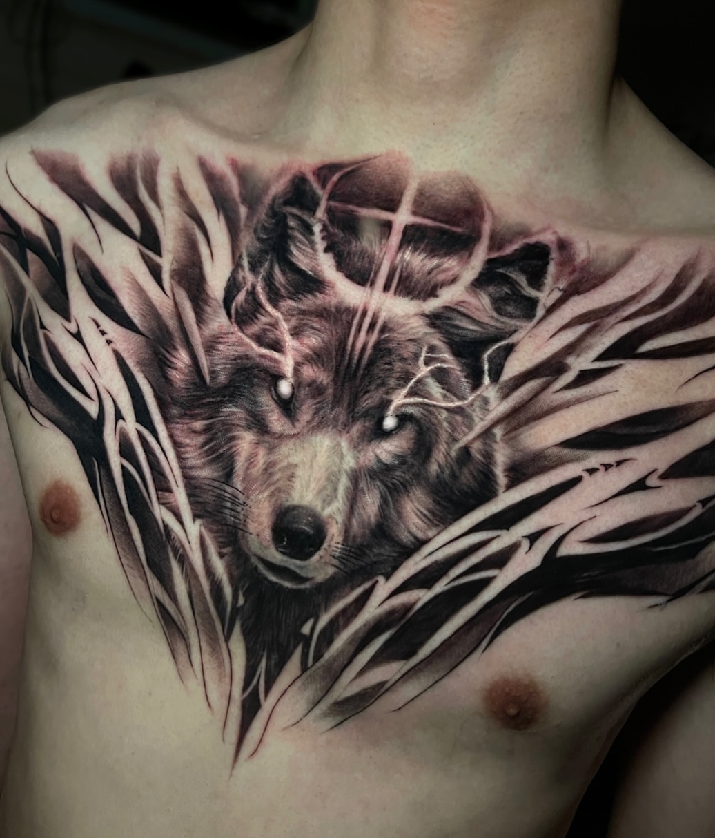 wolf chest tattoo