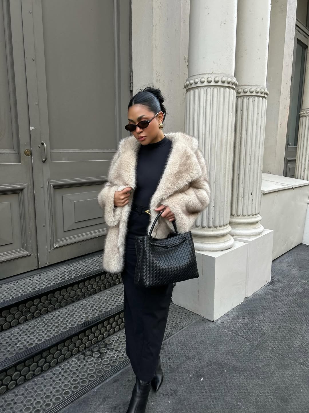 Feather jacket + minimal outfit