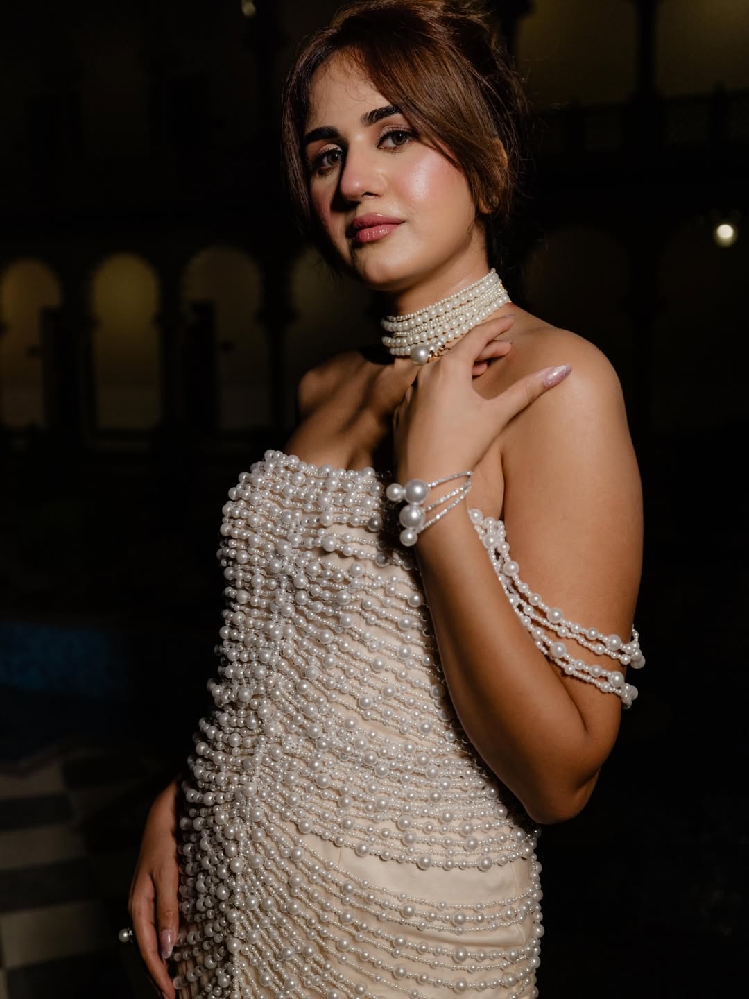 Off-shoulder dress + layered chains