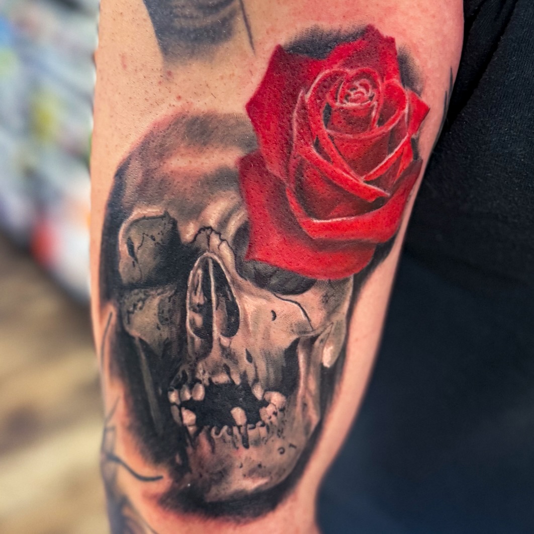 Realistic Skull and Rose Tattoo
