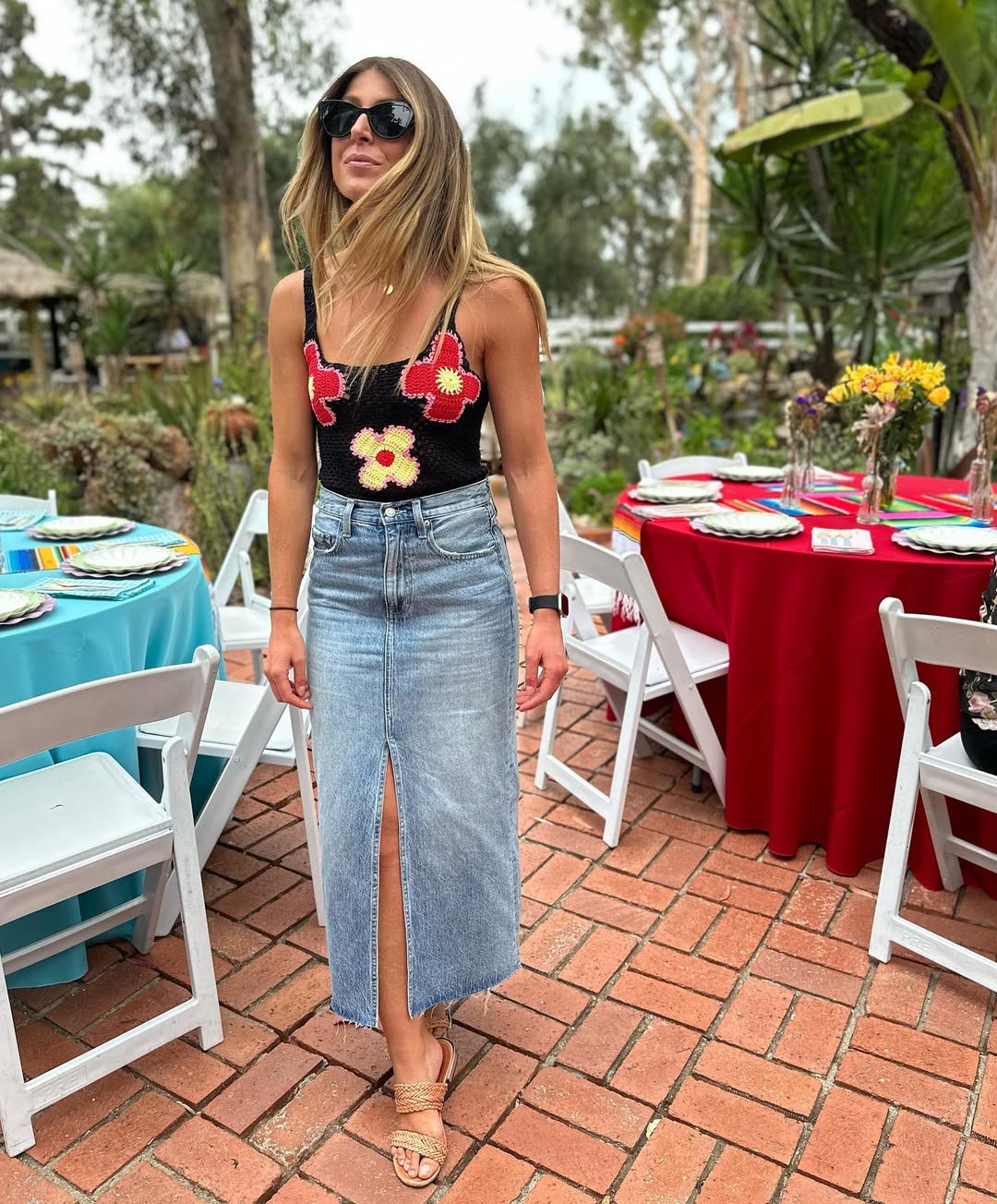 Crochet crop top with denim skirt